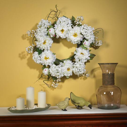 20" White Peony & Hydrangea Wreath
